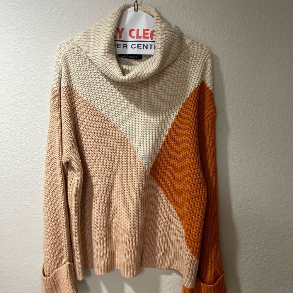 Simplee Apparel Cream and Orange Turtleneck Sweater